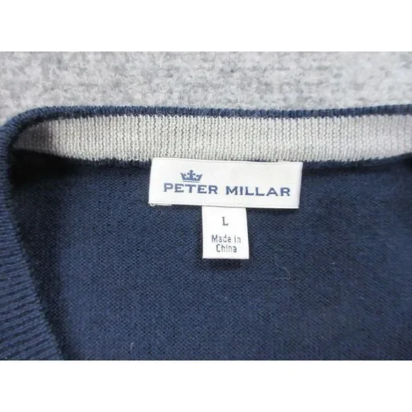Peter Millar Sweater Mens Large Blue Merino‎ Wool Silk V Neck Casual Preppy Golf